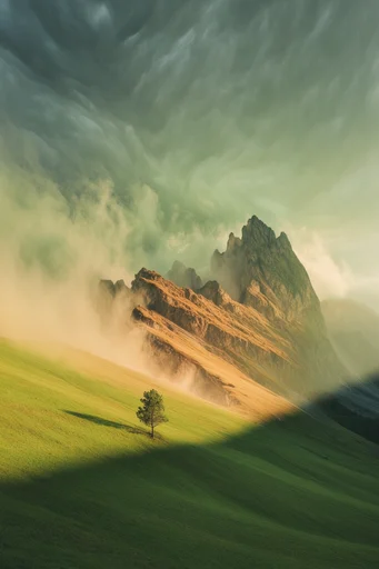 Minimalist Pastoral Chiaroscuro style reference image — aerial perspective