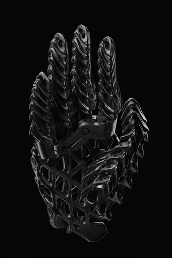 Monochromatic Industrial Biomechanism style reference image — reflective metallic textures