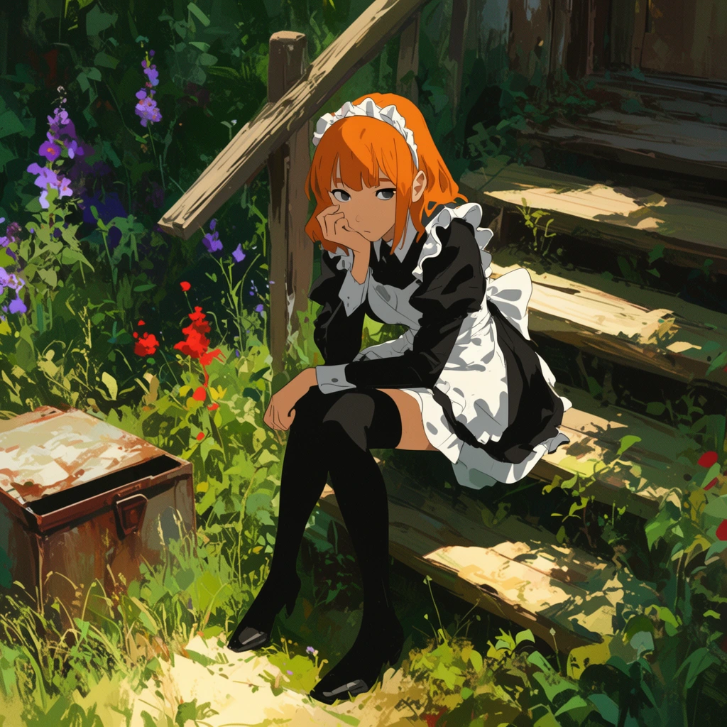 young woman with orange hair in black and white maid dress, white headband, thigh-high stockings, sitting on weathered wooden steps, hand on chin, overgrown garden, lush green foliage, purple and red flowers, dappled sunlight, strong contrast shadows, bright sunlit patches, rusty metal box in grass, anime illustration, painterly background, cel-shaded character