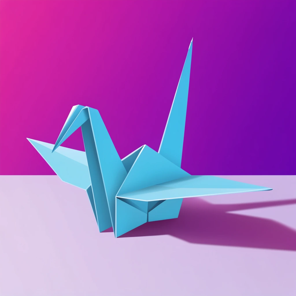 A bright cyan origami crane rests on a pale lavender surface against a saturated gradient background transitioning from magenta to deep purple. The geometric paper bird features precise folds forming angled wings, an upright tail, and a stylized beak. Rendered in a clean, minimalist 3D vector art style, smooth shading highlights the faceted planes of the crisp light blue figure. A strong directional light casts a distinct, elongated plum shadow to the right. A sharp horizontal line divides the soft pastel floor from the intense background, creating a striking modern graphic composition with contrasting colors.