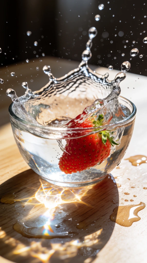 red strawberry plunging into a clear glass bowl of water, dynamic high-speed water splash frozen in mid-air, crystalline droplets suspended above, bright sunlight creating intricate light refraction and glowing caustics on a light wooden table surface, scattered puddles on the wood grain, sharp macro photography, dark blurred background