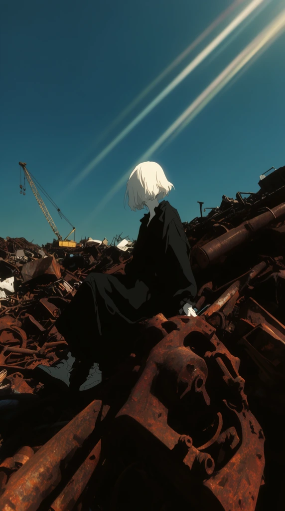 massive rusted industrial debris pile dominating the foreground, small stylized figure with pale hair sitting in dark clothing, desolate junkyard, distant yellow crane, clear teal sky, dramatic diagonal light beams intersecting the sky, high-contrast anime art style, deep cast shadows, warm rust and stark white color palette