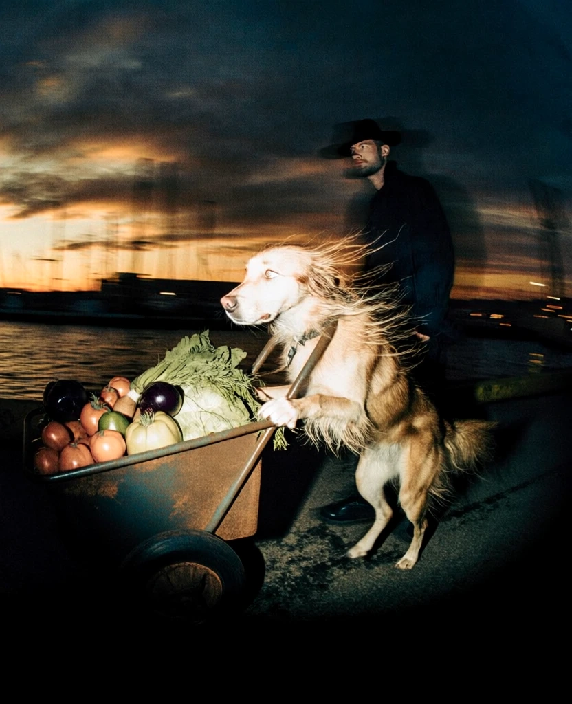 cinematic grainy 90s fashion photography style, harsh on-camera flash illuminating a dog pushing a rustic wheeled cart overflowing with colorful vegetables, wind-blown fur texture, dramatic silhouette of a man in a hat in the background, low angle wide-angle composition, golden hour sunset over a dark harbor, deep shadows, moody teal and orange color palette, film grain, motion blur, vintage aesthetic, gritty urban waterfront setting, realistic high contrast lighting.