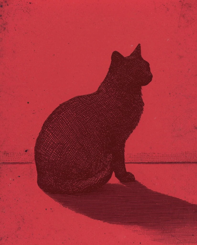 A dark burgundy cat silhouette positioned prominently against a vivid, monochromatic crimson background, rendered entirely in a vintage intaglio engraving style. The feline form is constructed from exceptionally dense, overlapping cross-hatched linework, creating a heavily textured, opaque shape. A stark, elongated cast shadow stretches to the right across a flat foreground plane, built meticulously from precise, parallel horizontal etched lines. The dividing horizon line between the resting surface and the expansive, flat background is defined by sparse, delicate linear markings. The entire composition is unified by a distressed, gritty surface texture featuring subtle dark speckling, dust, and printing artifacts, fusing 19th-century woodcut illustration techniques with a striking, high-contrast duotone red color palette.