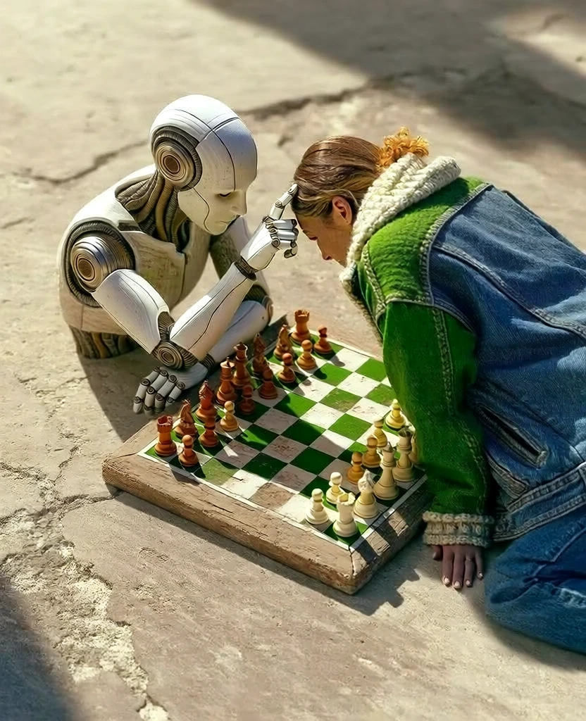ultra-sharp macro photography, harsh direct sunlight, high-contrast shadows, vibrant saturated colors, humanoid robot with matte white plating touching foreheads with a woman in a thick denim jacket, leaning over a weathered wooden chessboard, situated on cracked sun-bleached concrete, tactile materiality of metal and denim, mundane magical realism, overhead diagonal composition, raw digital grain, urban setting, extreme detail, daylight color balance.