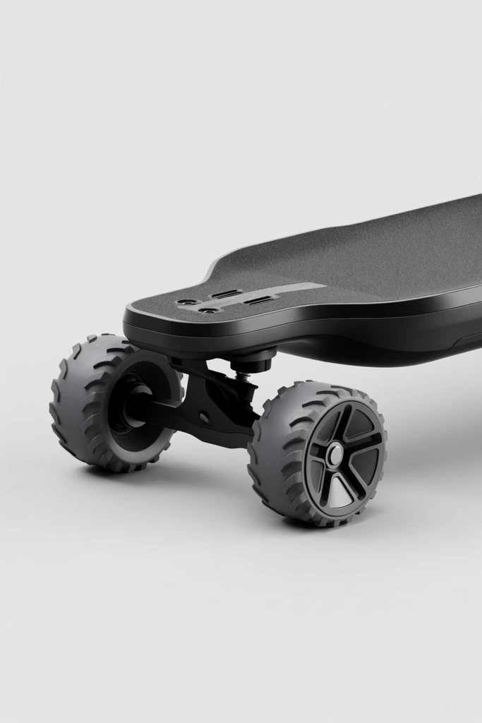 sleek futuristic electric skateboard, matte black deck with textured grip surface, thick aerodynamic undercarriage, robust grey all-terrain wheels with deep treads, five-spoke geometric hubcaps, seamless light grey studio backdrop, modern industrial design product photography, angled close-up perspective, soft studio lighting, monochromatic color palette, premium 3D render aesthetic