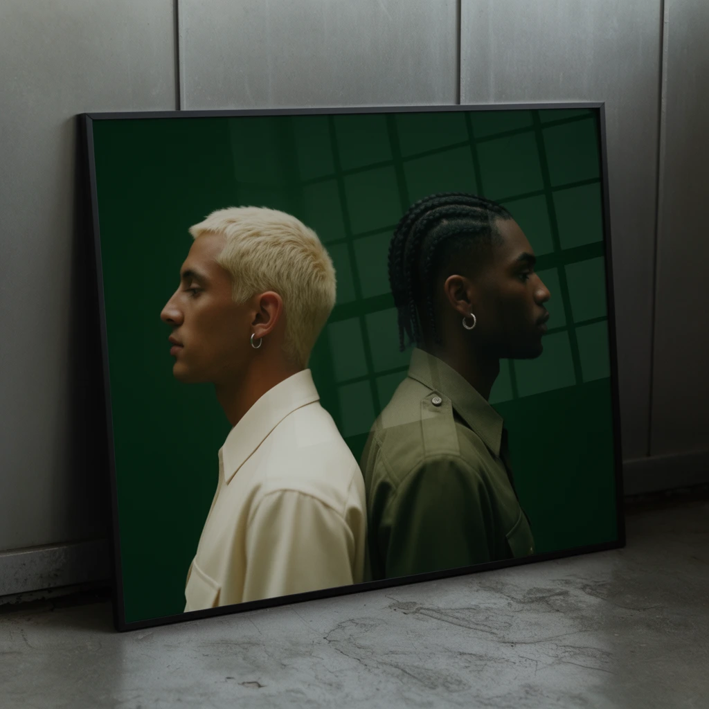 A framed poster leans against a gray paneled wall on a textured concrete floor in a minimalist setting. The glossy poster displays a portrait of two men positioned back-to-back in profile against a solid deep green background. The man on the left has short bleached blonde hair, a silver hoop earring, and a cream collared shirt. The man on the right features dark braided hair, a silver hoop earring, and an olive-green shirt with shoulder epaulets. A distorted grid reflection stretches across the poster's dark glass surface, contrasting with the soft, moody ambient lighting of the industrial environment.