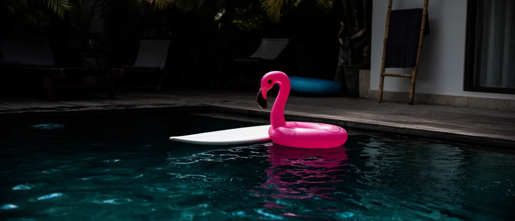 A vibrant pink inflatable flamingo and a white surfboard float on the dark, rippling surface of a swimming pool. The neon pink flamingo pool toy features a long curved neck and sits closely beside the flat white surfboard. Deep teal water reflects ambient light, creating a stark color contrast. A wooden deck surrounds the water, leading to a shadowed patio with lounge chairs, a partially visible blue float, and a white building exterior where a bamboo ladder holds a draped dark towel. Overhanging tropical foliage casts heavy shadows across the top edge. The cinematic, high-contrast photography utilizes a shallow depth of field and low-key lighting, drawing sharp focus to the vivid floating objects within the moody outdoor setting.