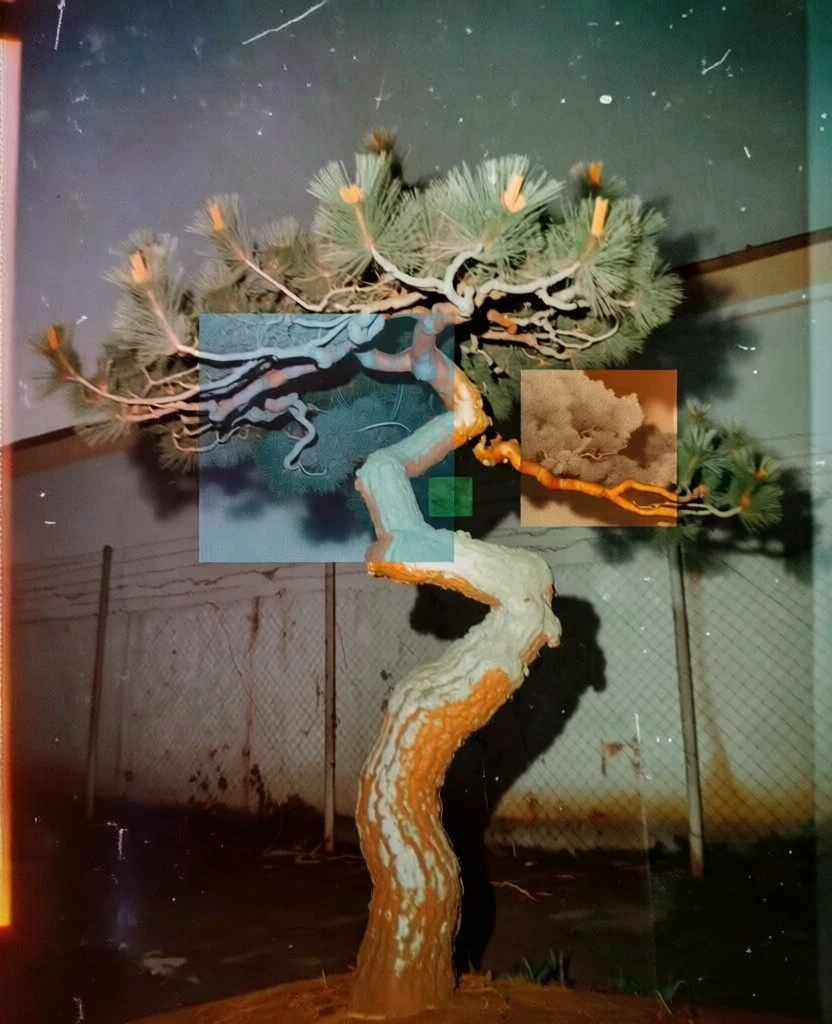 lo-fi vintage 35mm film aesthetic, heavy analog grain, dust and scratches, harsh direct on-camera flash with deep shadows, a gnarled pine tree with a heavily contorted trunk against a weathered chain-link fence, amateur snapshot framing, surrealist collage square overlays of varying color grades like cyan and sepia superimposed over the tree, muted warm color palette, grainy lo-res quality, nostalgic gritty visual language, conceptual deconstructed imagery.