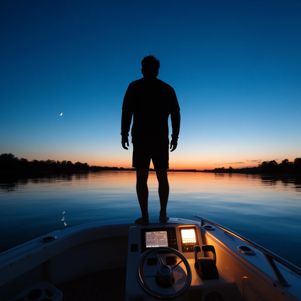 silhouetted figure standing on white boat gunwale, deep blue twilight sky fading to orange sunset, calm reflective water, glowing boat console, crescent moon, wide angle