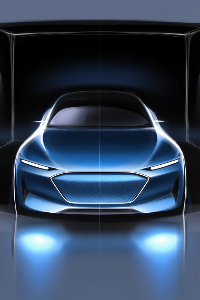 symmetrical front view of a futuristic concept car, sleek metallic electric blue body, glowing thin horizontal headlights, large trapezoidal grille with geometric pattern, luminous white edge highlights defining smooth aerodynamic contours, deep black background framed by faint glowing structural lines, reflective floor casting twin bright blue light pools, automotive digital sketch