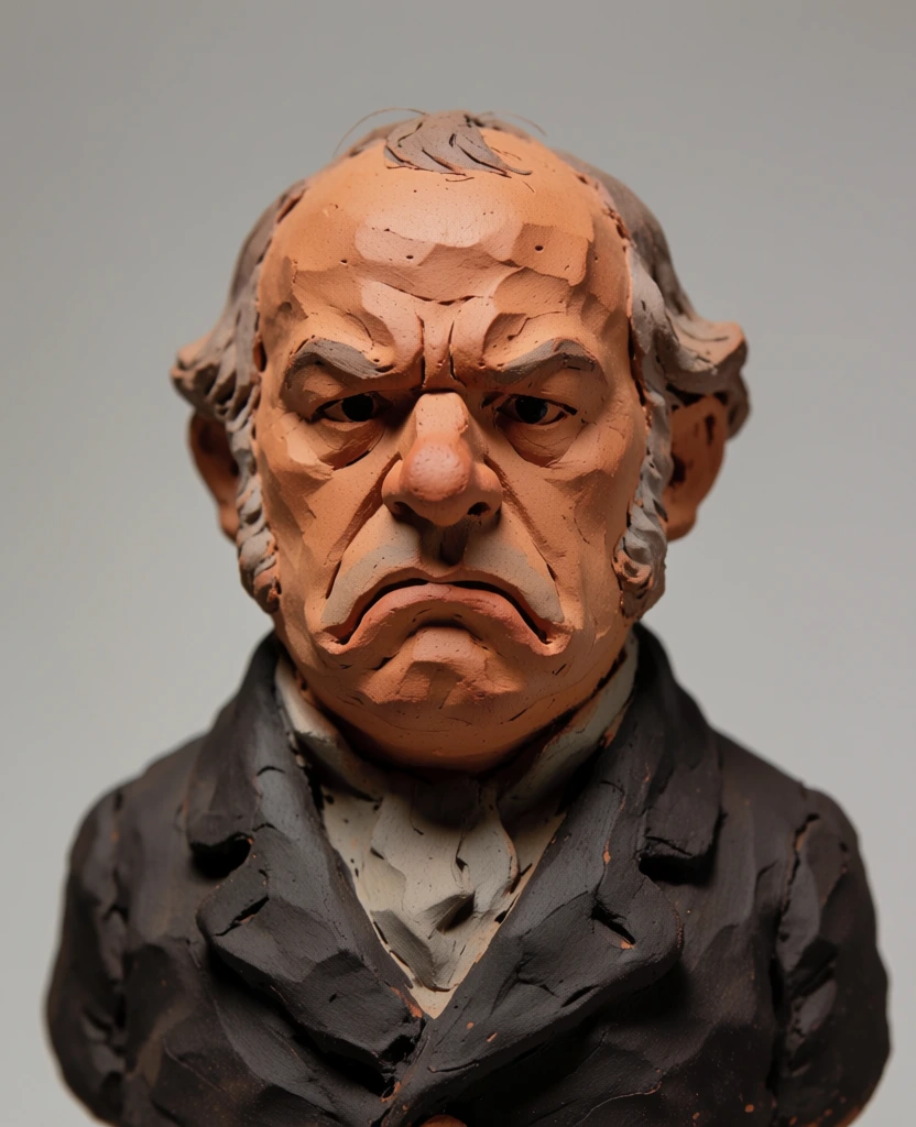 A small, hand-modeled terracotta bust of a man with a stern, frowning expression is centered against a neutral grey background. The figure's face is finished in a reddish-brown tone, featuring a deeply furrowed brow, small deep-set eyes, and a bulbous nose above a mouth set in a severe downward scowl. His skin has a rough, pitted texture with visible tool marks and indentations. He has thin, greyish hair on top of his head that transitions into fuller, curled sideburns above his ears. The bust includes the man's shoulders, clad in a dark, textured jacket with thick lapels over a high, greyish-colored collar or cravat. The entire sculpture rests on a flat, pale surface, appearing to be photographed in a studio setting with soft, diffused lighting from the front and top, which casts a gentle shadow beneath the base. The composition is a direct, eye-level portrait that emphasizes the tactile, expressive qualities of the clay and the caricature-like features of the subject. The color palette is earthy and muted, dominated by the terracotta of the face, the deep charcoal of the coat, and the cool greys of the hair and background.