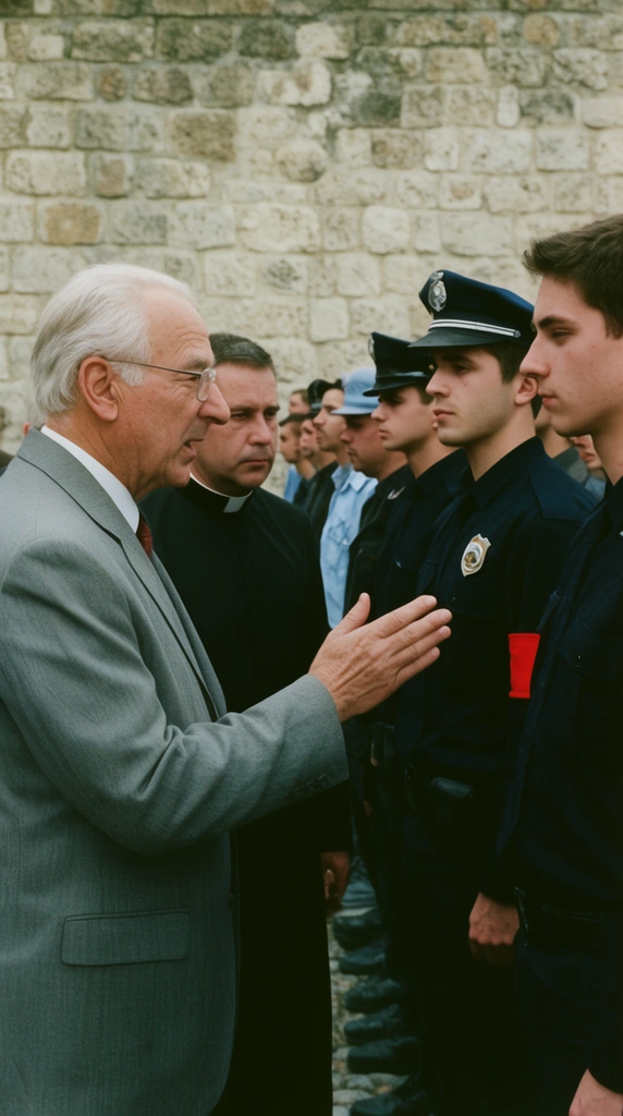 older man in grey suit speaking to young man in dark uniform with red armband, police officer and priest observing, line of men, stone wall, 35mm film