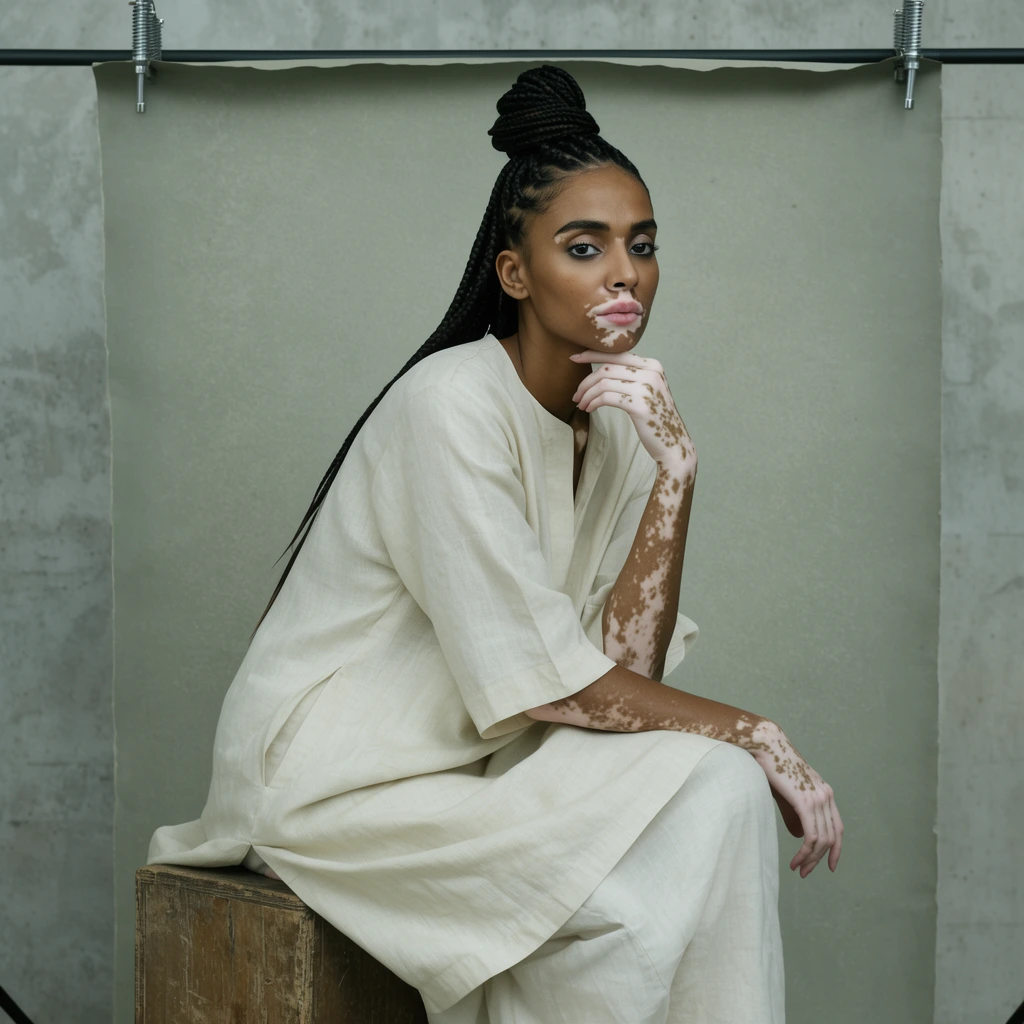striking South Asian woman with vitiligo, tight dark braids in a topknot, wearing an oversized cream linen tunic, seated on a weathered wooden box, leaning forward with one hand under chin, minimalist studio portrait, suspended muted green-grey paper backdrop, visible black metal spring clamp, textured concrete wall, soft diffused flat lighting, desaturated colors, fashion editorial style