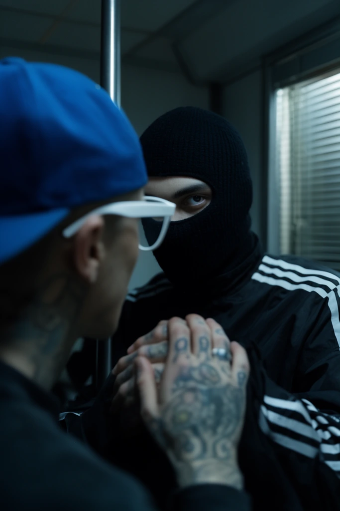 A foreground figure with a backward blue cap, white-framed glasses, and tattooed hands reaches toward a second person. The foreground figure is blurred by a shallow depth of field. The second person, in sharp focus, wears a black balaclava and a black jacket with white shoulder stripes, showing one visible eye staring forward. The dimly lit indoor setting includes a metal pole and a window with blinds, illuminated by cool cinematic lighting.