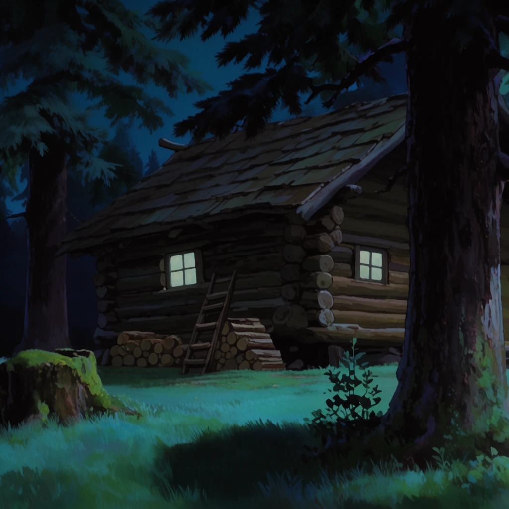 rustic log cabin in a dark forest, 2D animated background painting, interlocking timber, shingled roof, pale window light, stacked firewood, leaning wooden ladder, framed by massive dark pine trunks and overhanging branches, mossy stump, soft teal moonlight on grass, deep shadows, rich painterly textures