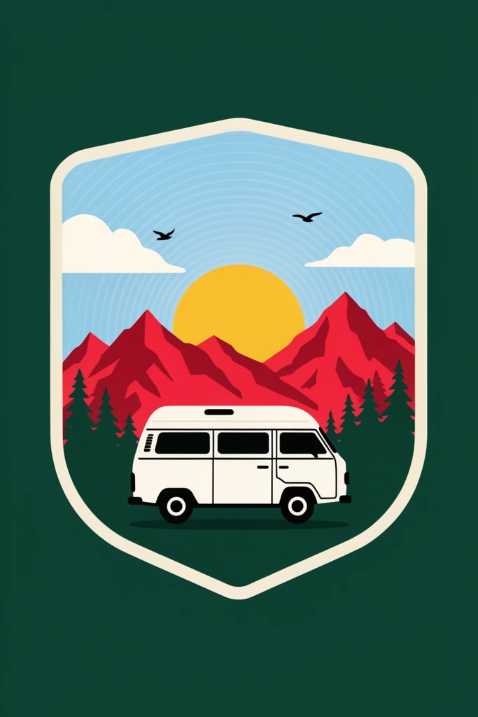 vintage travel patch illustration, shield-shaped emblem with cream border on solid dark green background, white camper van in profile, red jagged mountains, yellow sun, light blue sky with radiating concentric lines, white clouds, dark green pine silhouettes, two flying birds, flat vector style, minimalist landscape, clean lines, bold colors