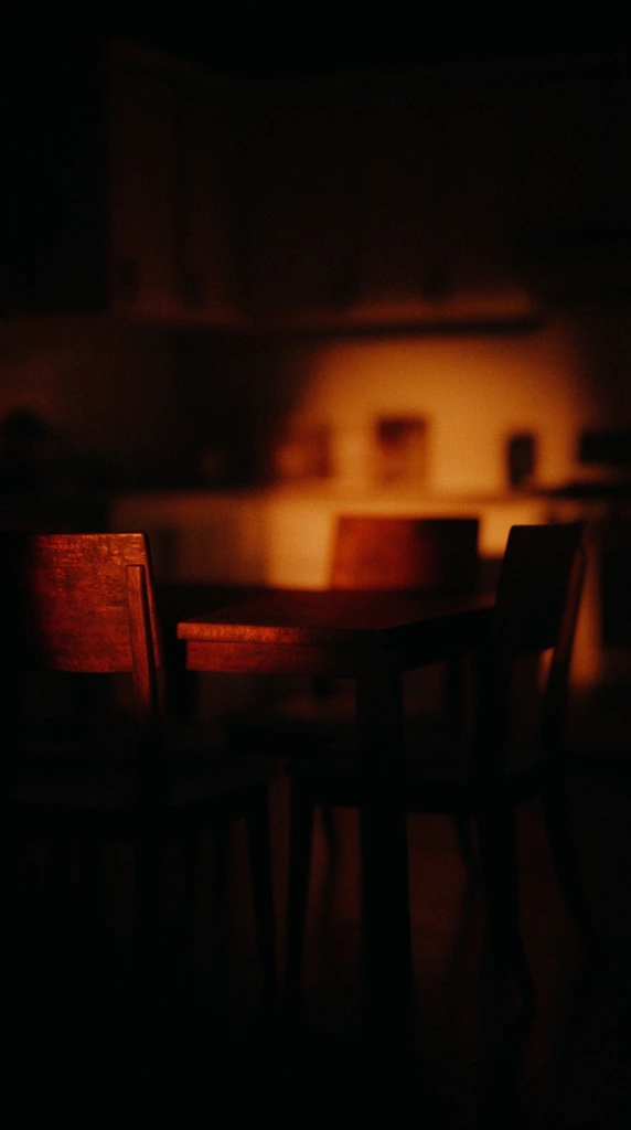 A dining table and chairs sit inside a kitchen engulfed in profound chiaroscuro shadows, illuminated by a single, intensely warm, localized light source. The table surface and the upper backs of the chairs emerge from the darkness, catching rich amber, deep orange, and mahogany highlights on their textures, while their lower halves and surrounding edges are swallowed by pitch-black, velvety shadows. In the sharply blurred background, soft, indistinct silhouettes of kitchen cabinetry fade entirely into the warm, dense gloom. The visual style is extremely low-key and cinematic, characterized by a Caravaggio-esque contrast between the piercing, localized warm glow and the heavy, crushing darkness. The composition utilizes a shallow depth of field with rapid light fall-off, shifting from a sharp focal point near the central illumination to a soft, grainy obscurity at the peripheries. A warm color palette of deep reds, glowing ochres, and crushed blacks dominates the scene, textured with heavy, tactile film grain throughout the underexposed regions, creating an atmosphere of intense intimacy and nocturnal stillness.