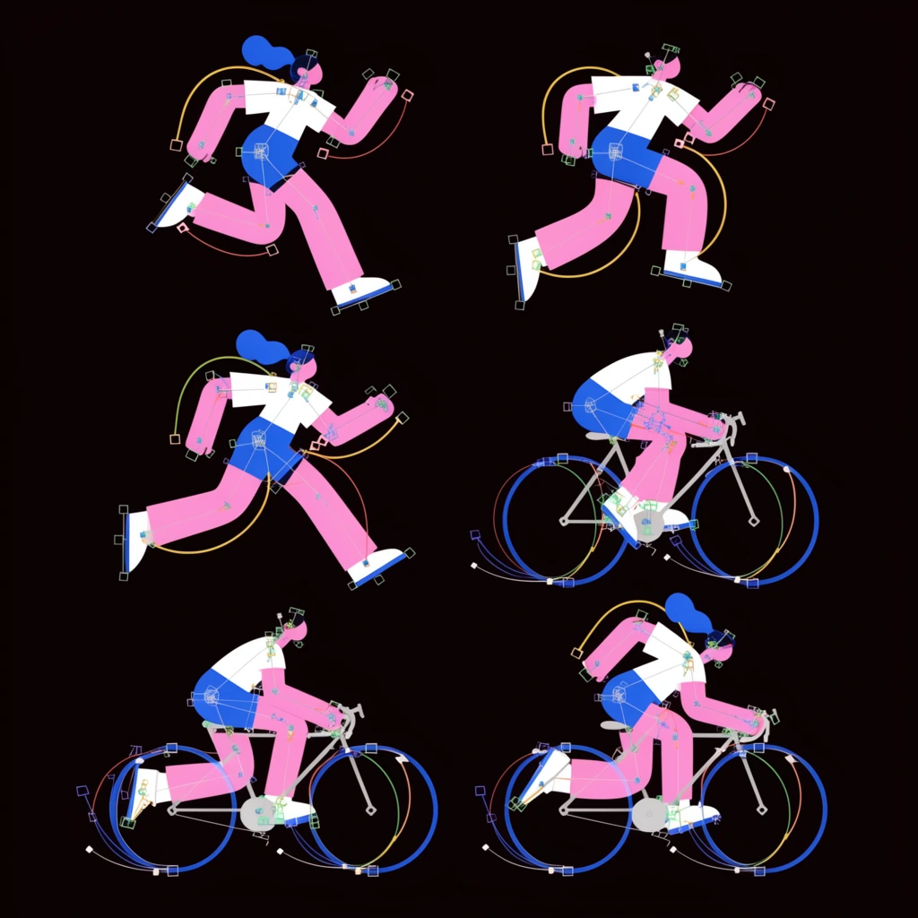 Six stylized 2D vector figures in dynamic poses against a solid black background. The abstract characters comprise flat geometric shapes with pink limbs, white torsos, and blue accents. Complex animation rigging overlays the figures, featuring curved multi-colored motion paths, square anchor points, and wireframe nodes. The sequence illustrates running and bicycling motions mapped by sweeping bezier curves and structural lines, highlighting the technical scaffolding of digital motion design.