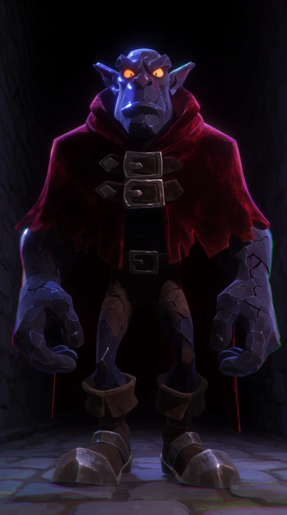 imposing gargoyle-like brute with cracked obsidian skin and glowing orange eyes, massively broad shoulders, disproportionately huge hands, wearing a heavy tattered crimson velvet cloak with oversized buckles, thick iron-toed boots, stiff upright posture, standing in a pitch-black narrow cobblestone corridor, stylized 3D character render, eerie cinematic atmosphere, dramatic blue and purple underlighting on the face and floor, heavy shadows, prominent chromatic aberration on silhouette edges, low-angle perspective