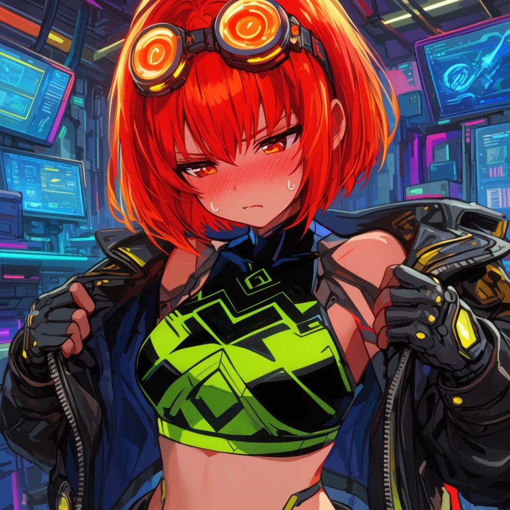 frustrated anime girl looking down, fiery red short bob, glowing goggles on head, heavy blush, sweat drops, pulling open bulky leather jacket, black and neon green geometric crop top, cybernetic workshop background, glowing monitors, neon lighting, vivid digital anime illustration