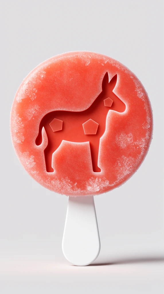 circular coral red popsicle on a white stick, embossed donkey silhouette with pentagonal indents, frosty ice crystal texture, plain background, minimalist 3D render