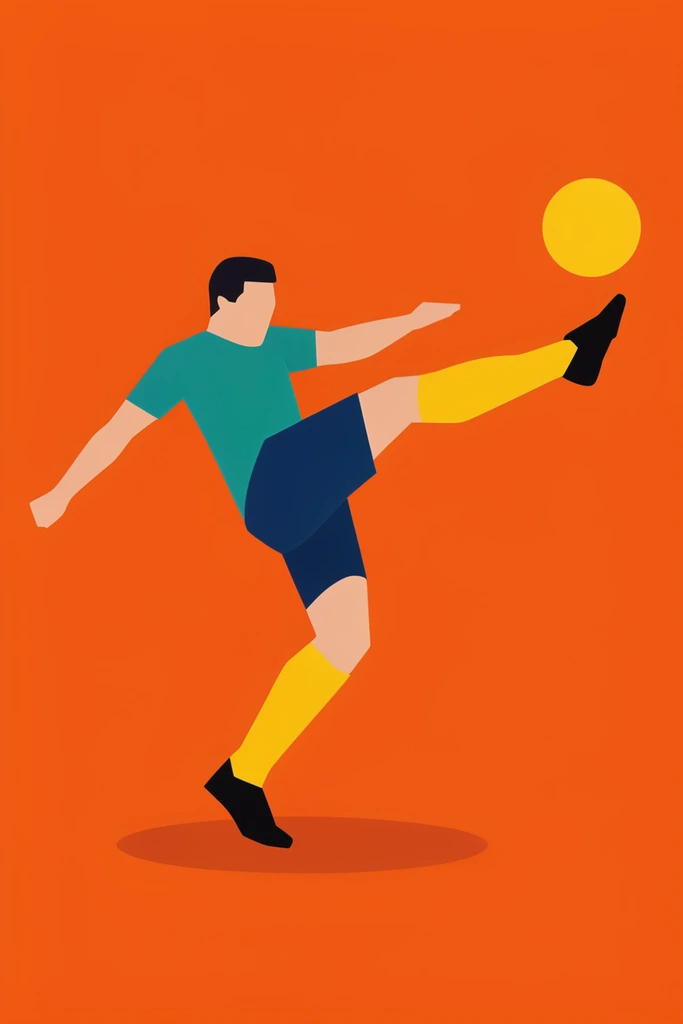 A minimalist flat vector illustration of a faceless athlete mid-kick against a solid vivid orange background. The dynamic figure balances on one planted leg, leaning back with arms extended and the opposite leg swung high to strike a floating yellow spherical orb. The athlete wears a solid teal short-sleeve jersey, navy blue shorts, tall yellow socks, and black cleats. A dark orange elliptical shadow anchors the figure. The artwork features bold, unshaded color blocks and clean geometric edges.