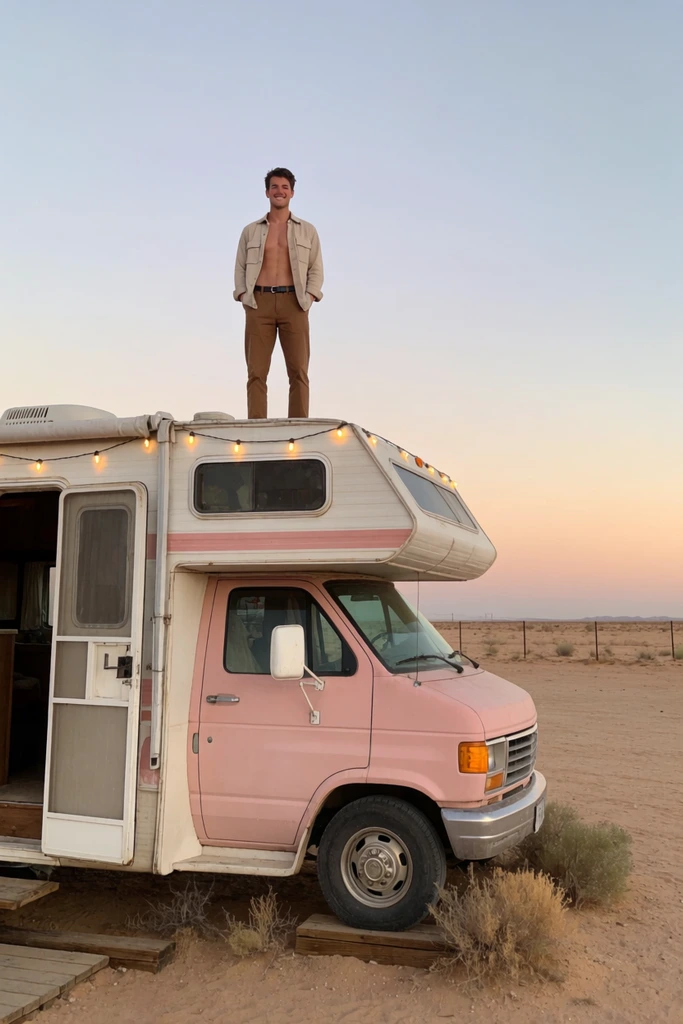 A young man stands smiling on the roof of a vintage pink-and-white motorhome in a sandy desert at dusk. He wears an unbuttoned beige overshirt over a bare chest, brown trousers, and a black belt, with hands tucked casually in his pockets. The boxy recreational vehicle beneath him features a cab-over section, draped string lights, and a slightly open front door. Its front tire rests on wooden planks amidst dry scrub brush. A vast expanse stretches toward a distant wire fence under a serene sky smoothly transitioning from pale blue to a soft peach horizon.