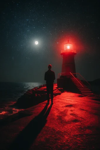 Crimson Cosmic Noir style reference image — stark silhouettes