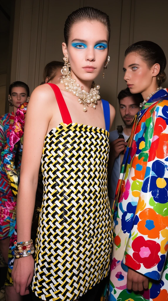A candid fashion backstage portrait centers on a model in a woven black, white, and yellow geometric top with red and blue straps. She sports slicked-back hair, vivid blue eyeshadow, and elaborate pearl jewelry. Beside her stands a model in a glossy coat patterned with vibrant oversized abstract florals. Other figures in brightly patterned garments and a man holding sunglasses occupy the background. Harsh flash lighting casts strong shadows against paneled walls, emphasizing the chaotic clash of vivid eclectic textures.