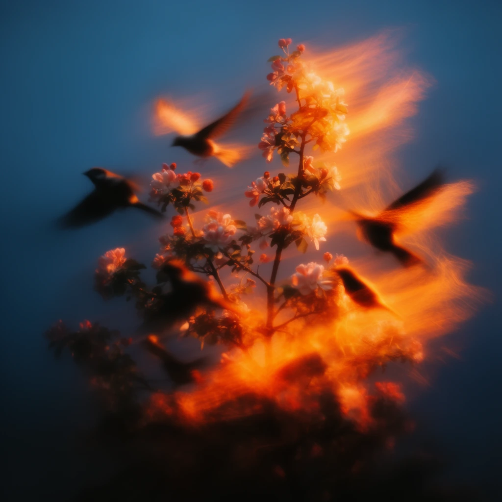 A single flowering tree and scattering birds emerge from deep shadow, illuminated by an intense, blazing orange and gold light streak against a solid, deep cool blue background. The delicate floral blooms and sweeping avian silhouettes are partially obscured by the radiant, glowing orange illumination that sweeps across the composition with a fibrous, feathery motion blur, simulating a long-exposure light painting. Sharp complementary color contrast dominates the scene, pitting the fiery, blooming halation of the flora and birds against the moody, ambient blue void. A heavy soft focus and cinematic lens blur dissolve the precise edges of the petals, branches, and wings into luminous, abstract streaks. The fiery light bleeds heavily into the surrounding darkness, creating a highly dramatic, high-contrast visual effect characterized by intense light blooming and deep, crushing shadows.