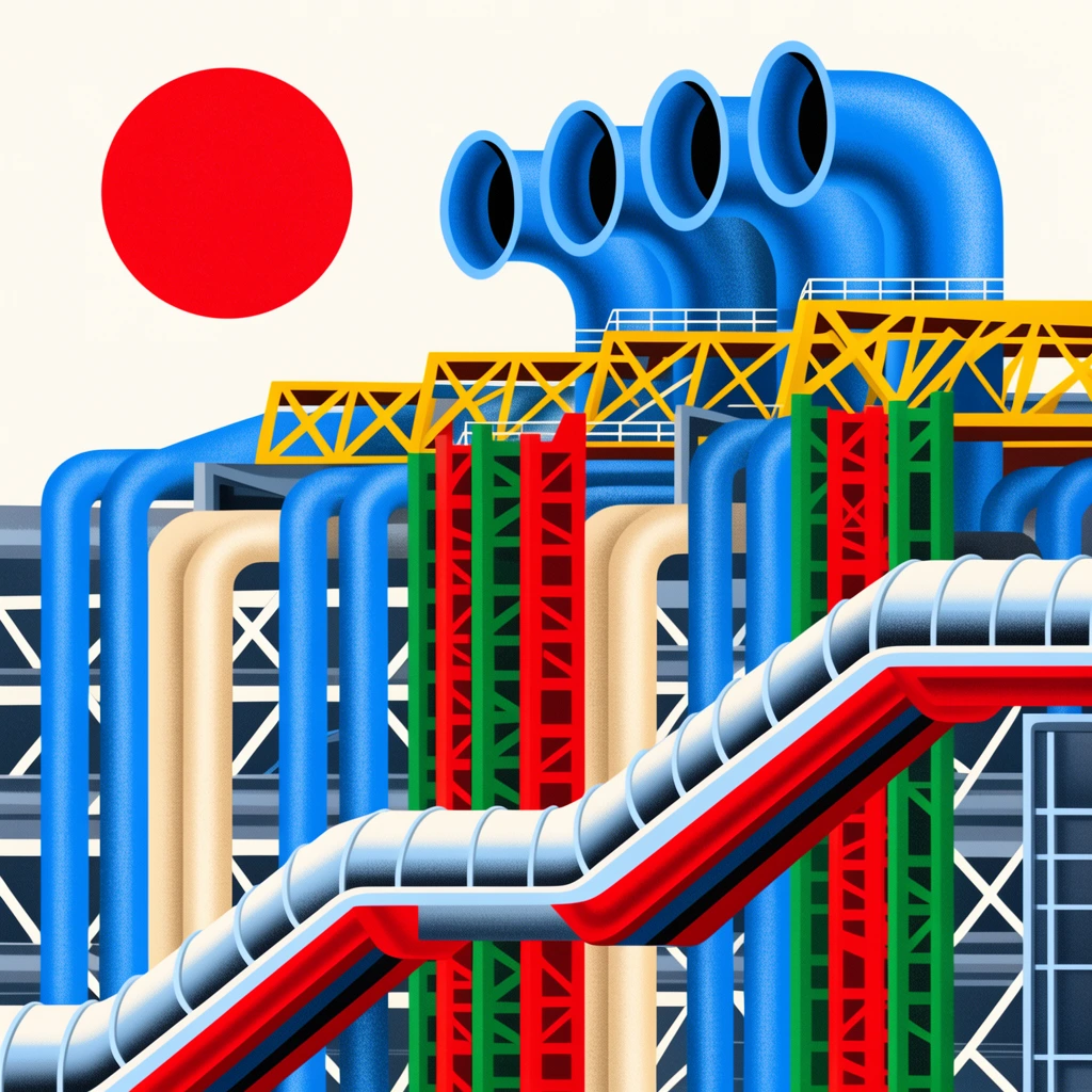 A stylized graphic illustration of a complex architectural structure with vibrant interlocking mechanical elements. Large blue ducts with flared openings sit near a solid red circle and yellow trusses. Diagonal tubular escalators weave through red, green, and beige vertical columns. The composition utilizes a flat constructivist aesthetic, primary colors, and stippled noise textures on an off-white background.