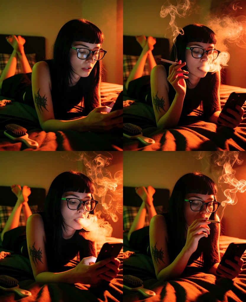 Four cinematic images arranged in a 2x2 grid depict a young woman with dark hair and glasses lying on a bed in a dimly lit room, illuminated by an intense orange light as she smokes and looks at a smartphone. The woman has long, straight black hair with blunt bangs and wears thick, black-rimmed glasses. A dark, jagged tattoo is visible on her left bicep, and she wears a black sleeveless top. Throughout the four frames, she lies on her stomach with her legs bent upward at the knees behind her. In the top-left frame, she is propped on her elbows, looking down at a phone that is mostly out of view. In the top-right frame, she exhales a plume of smoke while holding a long, thin cigarette in her right hand and the phone in her left. The bottom-left frame captures her looking intently at the glowing phone screen as a thick cloud of smoke, catching the orange light, drifts from her mouth. In the bottom-right frame, she holds the cigarette near her lips while continuing to focus on the device. She is positioned on a bed with dark, rumpled blankets and a plaid pillow visible in the background near a dark headboard. A white hairbrush lies on the bedding near her. The lighting is highly dramatic, with a powerful orange light source from the right casting sharp highlights on her face, hair, and the smoke clouds, while the left side of the scene remains in deep shadow with a faint greenish-yellow hue. The camera maintains a consistent low-angle medium shot across all four panels of the grid.