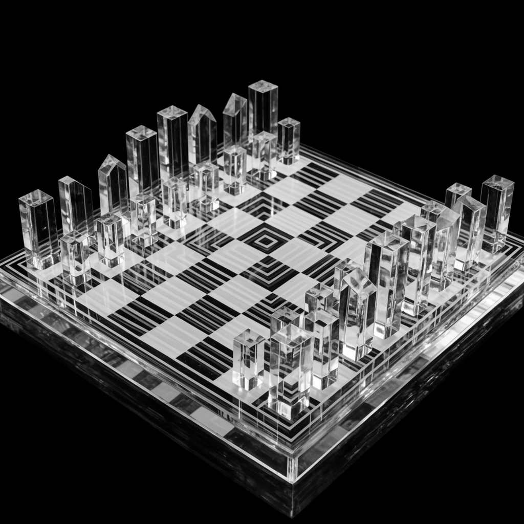 minimalist clear acrylic chess set, transparent rectangular block pieces of varying heights, etched glass board with concentric square checkered pattern, sharp reflections, elevated transparent base, solid black background, high contrast monochrome studio lighting