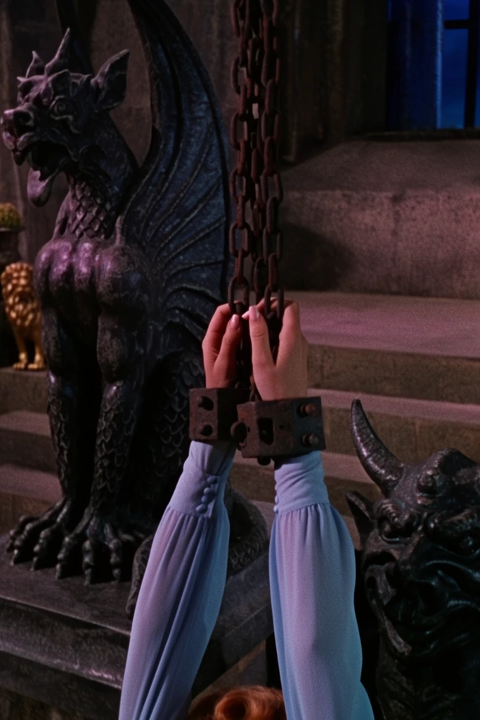 hands bound in heavy iron shackles hoisted upward by rusty chains, forearms wearing a light blue long-sleeved blouse, hint of reddish hair at the bottom edge, flanked by ominous dark stone gargoyles, large winged demonic creature statue on the left with prominent talons and scaled textures, horned monstrous statue head on the lower right, dimly lit stone temple environment, tiered stone steps, small golden lion statue in deep left background, dark blue window opening in upper right, vintage dark fantasy film aesthetic, practical effects style, deep magenta and blue cinematic lighting, heavy shadows, prominent film grain, close-up dramatic framing