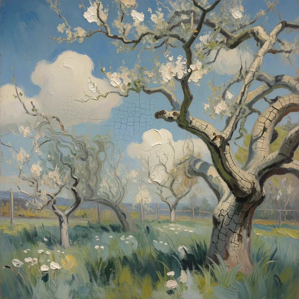oil painting with heavy impasto and fine craquelure, a field of lush grass and wildflowers, foreground right features a massive tree with thick twisting branches textured like cracked weathered stone, midground left and center dotted with thin blooming trees, background fence line, muted palette of cerulean blue and limestone cream, soft ethereal light with sharp specular highlights on white blossoms, serene surrealist atmosphere, billowing cumulus cloudscape, atmospheric perspective.