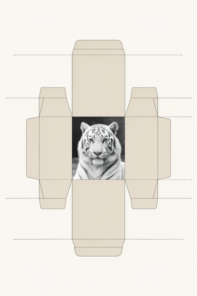 A flat, unfolded beige paper packaging dieline rests on an off-white background, featuring a central black-and-white photograph of a white tiger. The geometric template displays rectangular panels, interlocking flaps, and fold lines. The high-contrast monochrome tiger stares directly forward. Thin, straight black diagrammatic lines extend horizontally outward from various sections of the template into the expansive negative space. The minimalist composition uses an overhead orthographic perspective with a clean industrial design aesthetic.