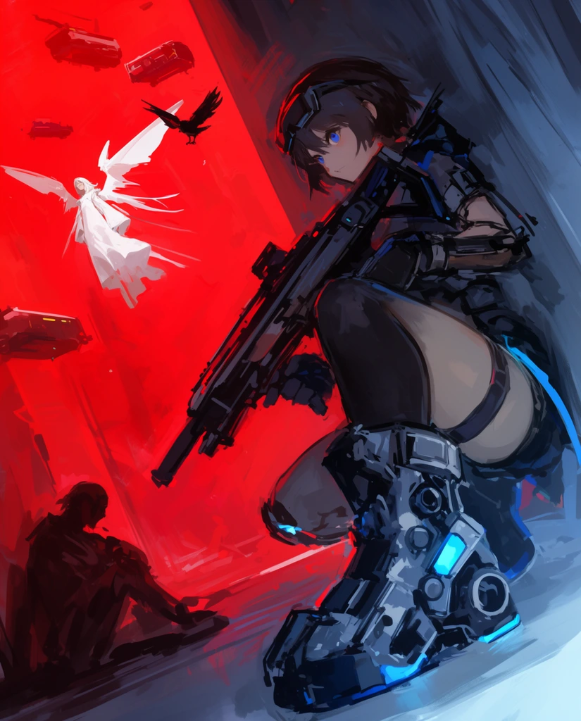 A dynamic, tilted-angle digital painting of a tactical soldier girl crouching in the right foreground, aiming a futuristic rifle. She wears heavy mechanical boots with glowing blue accents and dark gear. The background is divided by a sharp diagonal line. The left side is flooded with intense crimson light, showing a floating white winged figure, hovering vehicles, and a black bird. A shadowed figure sits in the bottom left. The expressive composition uses loose brushwork and high-contrast red and cool blue cyberpunk lighting.