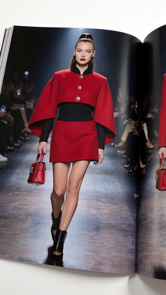 runway fashion model in red and black, editorial photography, bold luxe moody vibe
