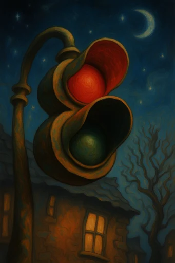 Nocturnal Storybook Surrealism style reference image — glowing warm windows