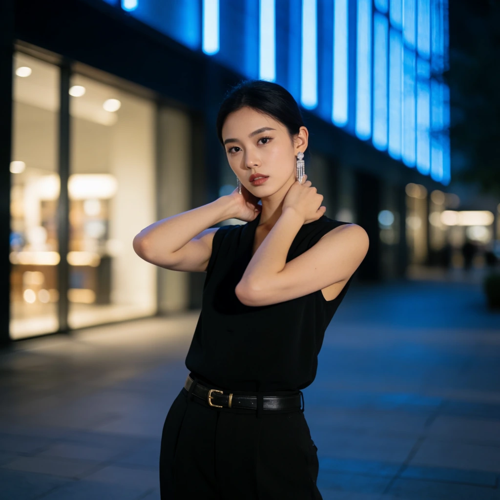 young East Asian woman in a sleeveless black top and black trousers, black leather belt with gold buckle, dangling crystal earrings, hands gracefully touching the nape of her neck, direct confident gaze, standing on a paved urban walkway at night, shallow depth of field, blurred background featuring glowing building windows, striking vertical blue neon lights, cinematic cool-toned lighting, sleek contemporary fashion portrait photography