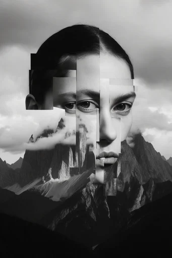 Monochrome Glitch Fragmentation style reference image — high-contrast black and white