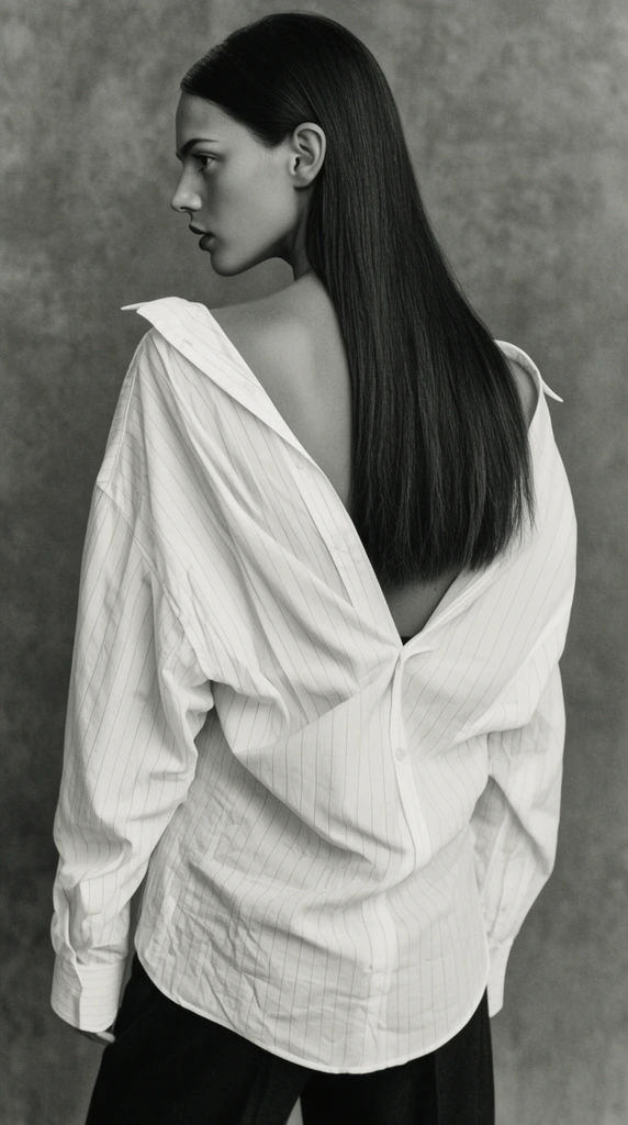 black and white studio portrait, woman viewed from behind looking over her left shoulder, sleek long straight dark hair cascading down her exposed upper back, sharp facial profile, oversized white button-down shirt with thin vertical pinstripes, collar slouched loosely off the shoulders, draped and wrinkled fabric, dark trousers, textured mottled gray backdrop, soft directional lighting, fashion editorial style, fine film grain