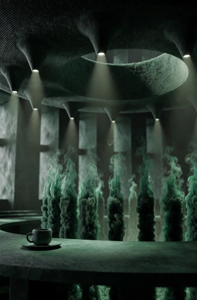 cinematic wide shot of a matte ceramic cup and saucer on a textured table in the foreground, vertical pillars of emerald flame and dense moss-textured smoke, multiple rhythmic cone-shaped light fixtures suspended from a circular recessed ceiling, vast architectural background with monolithic tall windows, deep monochromatic forest green palette, dramatic directional lighting, hyper-tactile fine-grained surfaces, ethereal atmosphere, high-contrast shadows, sharp focus, minimalist composition.