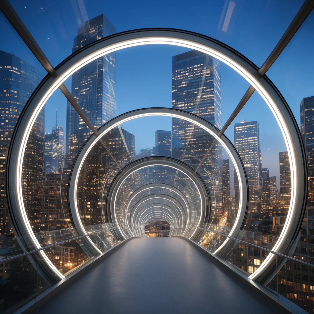 A futuristic pedestrian tunnel enclosed by glowing concentric circular frames looks out over a dense metropolis at twilight. A smooth gray walkway leads the eye toward towering skyscrapers glowing with warm yellow window lights against a deep blue evening sky. The symmetrical, wide-angle perspective creates a strong vanishing point through the transparent glass structure. Crisp 3D architectural rendering highlights the contrast between the bright interior LED rings and the sprawling urban skyline.