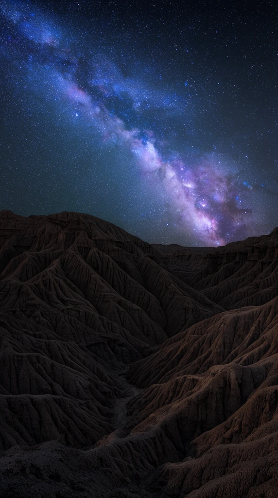 arching Milky Way galaxy spanning a starry night sky above dark eroded badlands, deeply shadowed rugged clay ridges and ravines, glowing purple and blue cosmic dust, wide-angle astrophotography