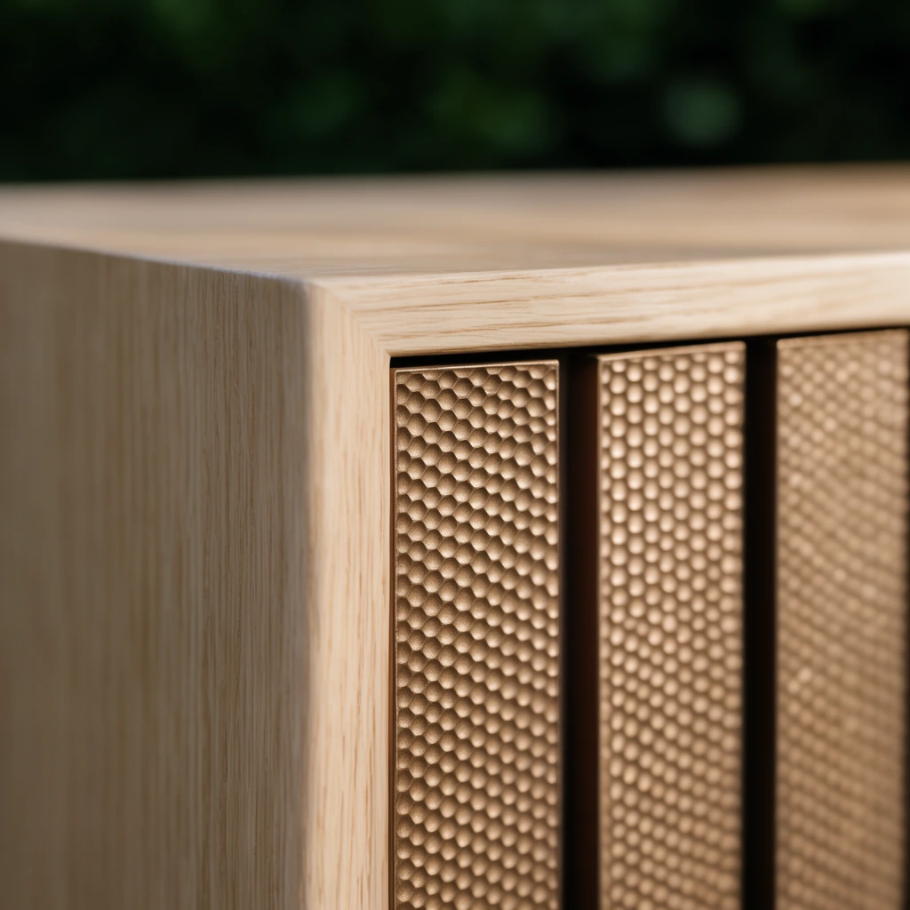 close-up of pale oak cabinet corner, smooth wood grain, mitered edge, vertical dimpled bronze honeycomb panels, blurred dark green foliage background, shallow depth of field, warm sunlight, macro photography