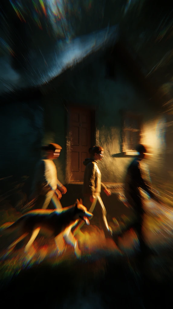 Three people and a leading dog stride past a shadowy building with a single door and window, all enveloped in a surreal, high-contrast atmosphere of intense radial motion blur. The three figures and the dog in the foreground are illuminated by a warm, golden, directional light cutting through deep darkness, their forms heavily distorted by a sweeping, chaotic blur radiating outward from the center. This extreme lens effect stretches and smears their contours, introducing vibrant chromatic aberration and rainbow color fringing along the blurred boundaries. The building in the background recedes into deep, murky teal and black shadows, its door and window barely defined through the smudged, dizzying distortion. The overall aesthetic merges photorealistic 3D rendering with a wet, painterly texture, utilizing dramatic chiaroscuro lighting to contrast the rich amber highlights on the subjects against the oppressive, dark, and moody environment.