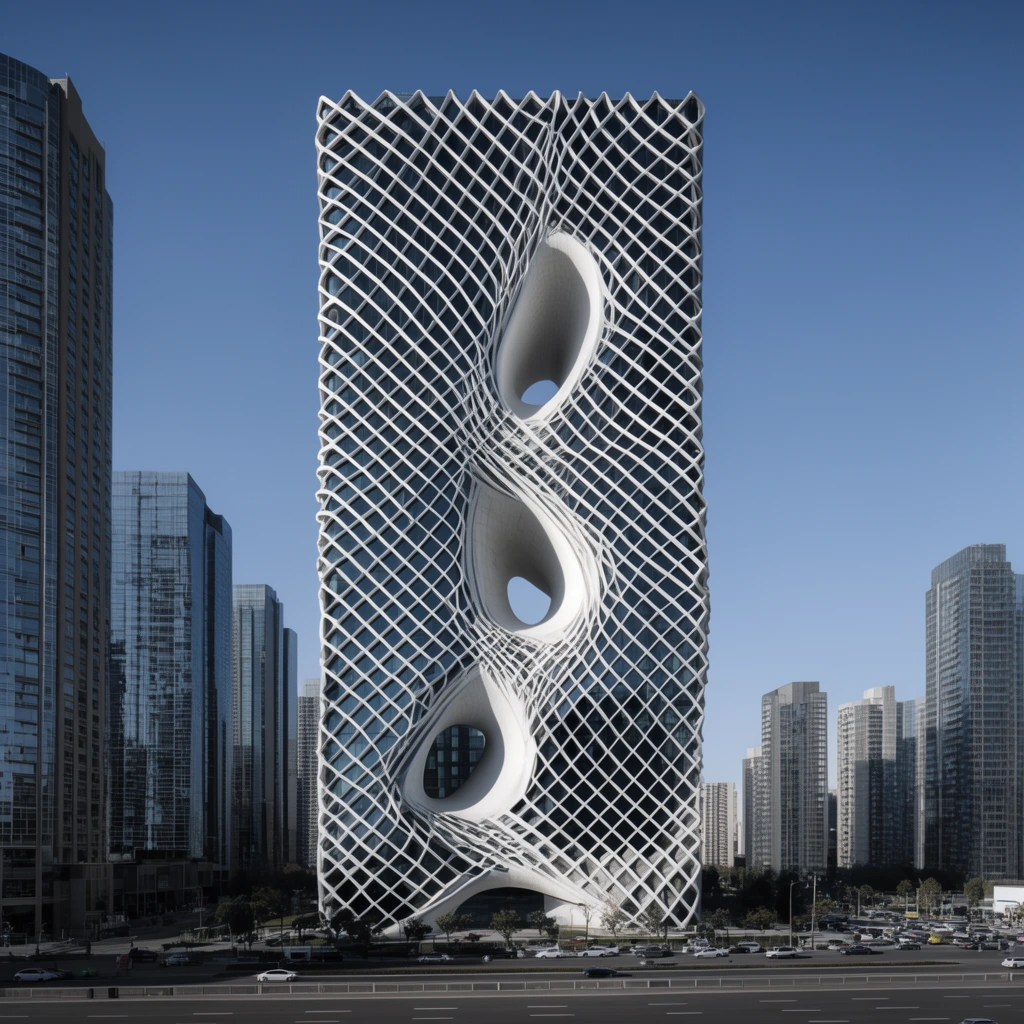 A monolithic skyscraper features a striking white exoskeleton lattice over dark glass, defined by three massive, organic voids carved through its center. The diagonal framework contorts seamlessly around these smooth, amorphous cutouts. Positioned along a multi-lane avenue and flanked by conventional glass high-rises, the towering structure is captured in bright daylight. Precise wide-angle architectural photography emphasizes the complex, high-contrast geometry and deep structural shadows against a clear blue sky.