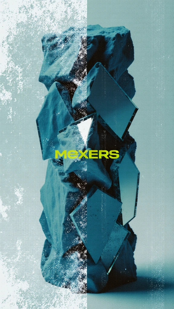 a monolithic vertical pillar composed of jagged shards of glass and reflective mirror fragments, split-frame composition with the left side featuring heavy white grit and xerox-style distressed texture, the right side sharp and clean, cool desaturated teal and cyan color palette with deep shadows, high-contrast studio lighting, minimalist streetwear aesthetic, centered yellow sans-serif typography, fine film grain, dust, and scratch overlays throughout.